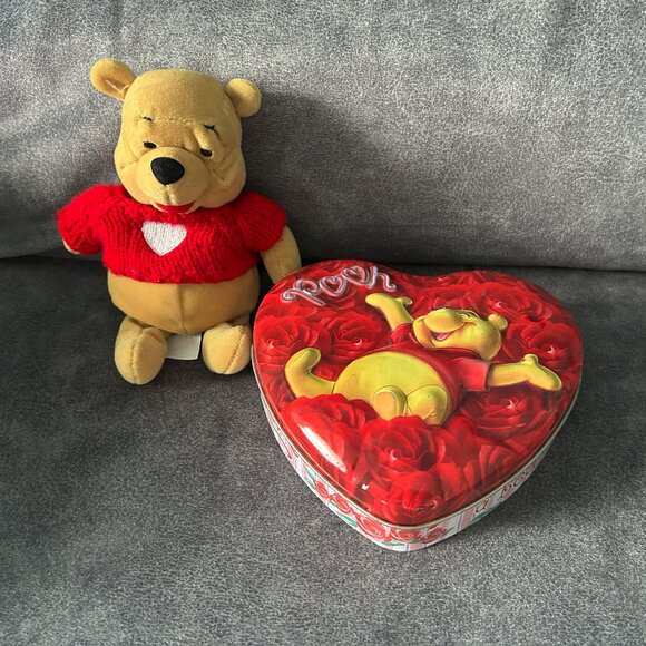 Valentine's Plush Pooh Beanie and Heart Shaped Tin - Picture 1 of 1